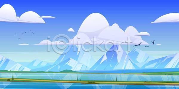 사람없음 EPS 일러스트 해외이미지 구름(자연) 백그라운드 설산 조류 풀(식물) 풍경(경치) 호수