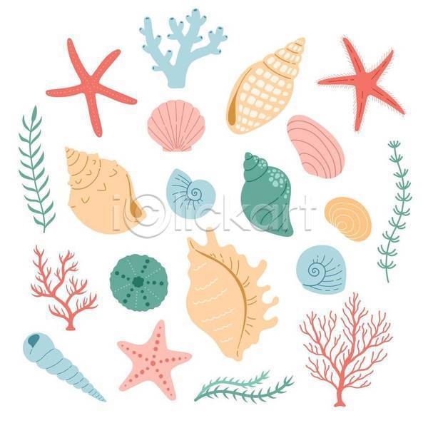 감성 사람없음 EPS 일러스트 해외이미지 디자인 불가사리 산호 산호초 소라 수중식물 여름(계절) 조개껍데기 해초