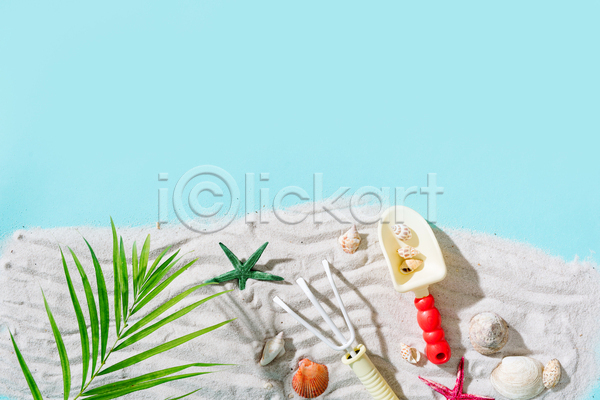 사람없음 JPG 포토 하이앵글 해외이미지 모래 모래삽 불가사리 실내 여름(계절) 여행 잎 조개껍데기 파란배경