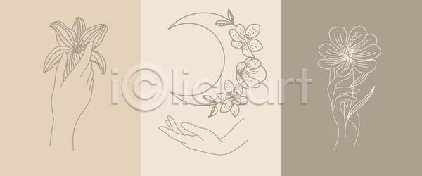 신체부위 EPS 일러스트 해외이미지 갈색 꽃 달 들기 라인아트 세트 손 여름(계절) 잎 줄기 포스터