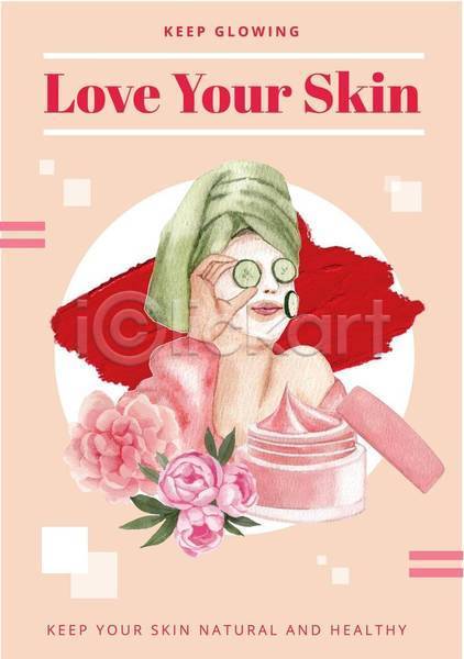 성인 성인여자한명만 여자 한명 EPS 일러스트 해외이미지 꽃 들기 로션 마스크팩 상반신 샴푸 스킨케어 스파 오이팩 포스터 피부 향수