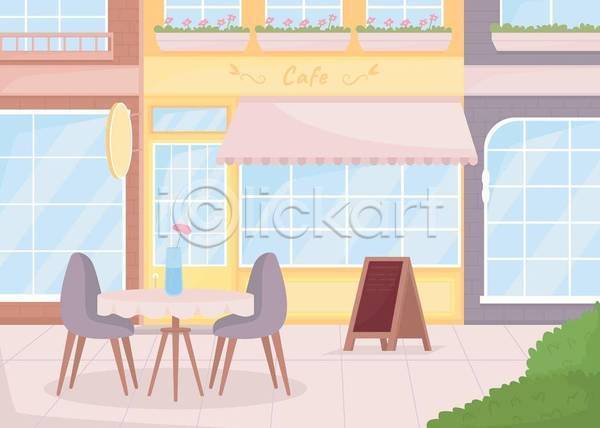 사람없음 EPS 일러스트 해외이미지 도시풍경 야외테이블 의자 입간판 카페