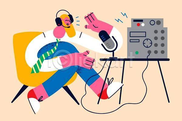 남자 성인 성인남자한명만 한명 EPS 일러스트 해외이미지 라디오 마이크 말하기 방송 앉기 의자 장비 전신 헤드폰