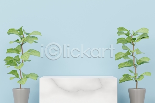 사람없음 3D JPG 포토 해외이미지 단상 대리석 디자인 무대 백그라운드 세트 식물 오브젝트 잎 장식 컨셉 파스텔톤 포디움 하늘색 화분
