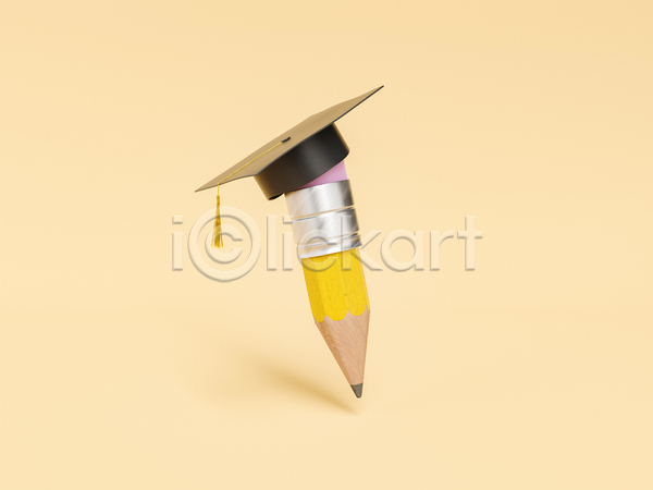 사람없음 3D JPG 일러스트 해외이미지 노란색 백그라운드 신학기 연필 학교 학사모 학습