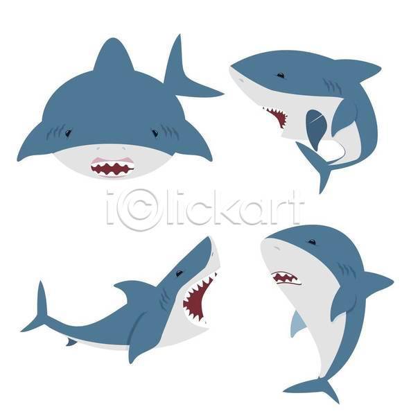사람없음 EPS 일러스트 해외이미지 디자인 상어 세트 여러마리 입벌림 파란색