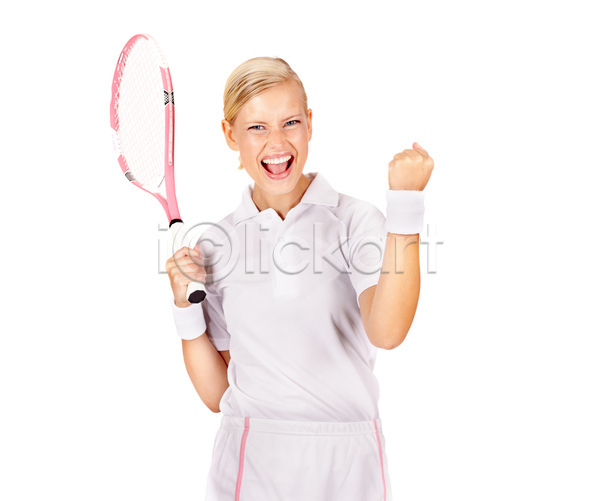 성인 성인여자한명만 여자 한명 JPG 앞모습 포토 해외이미지 들기 상반신 서기 운동 응시 응원 잡기 테니스 테니스라켓 흰배경