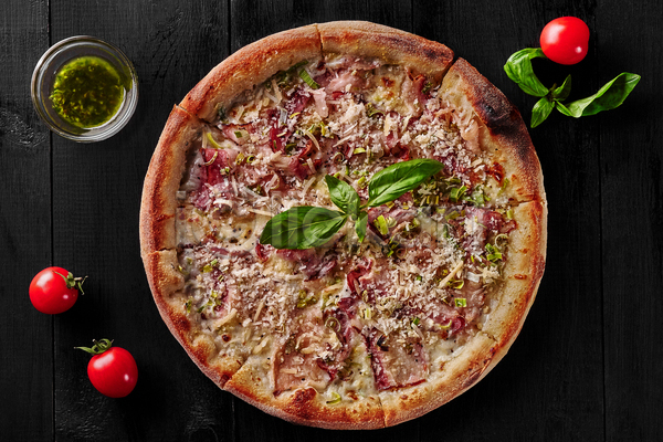 사람없음 JPG 포토 하이앵글 해외이미지 검은배경 바질 방울토마토 서양음식 실내 피자