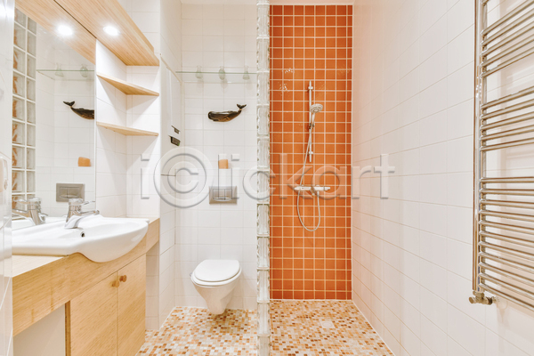 사람없음 JPG 포토 해외이미지 거울 변기 샤워기 세면대 실내 심플 욕실 인테리어 화장실