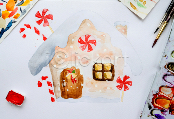 사람없음 JPG 포토 해외이미지 겨울 과자집 디자인 미술 붓 수채화(물감) 크리스마스 팔레트