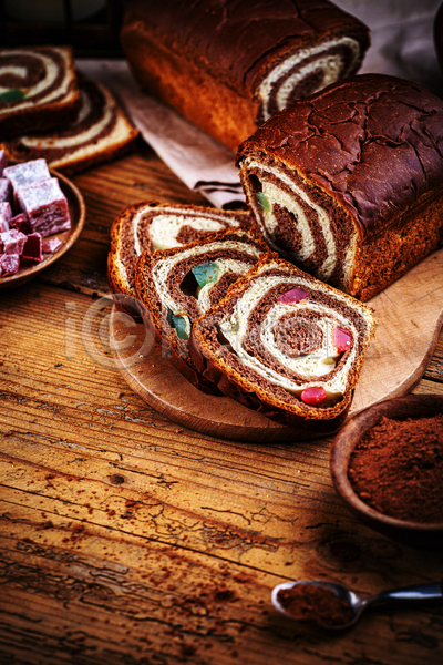 사람없음 JPG 포토 해외이미지 갈색 로쿰 백그라운드 빵 슬라이스 케이크 코코아가루 티스푼 파운드케이크