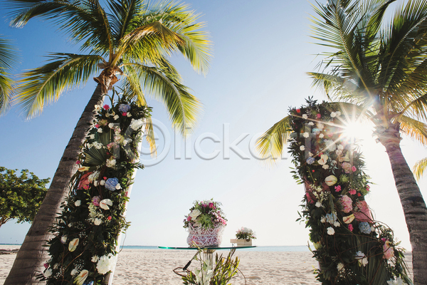 사람없음 JPG 포토 해외이미지 결혼 결혼식 꽃 야외 야자수 예식장 주간 태양 풍경(경치) 하늘 해변 햇빛