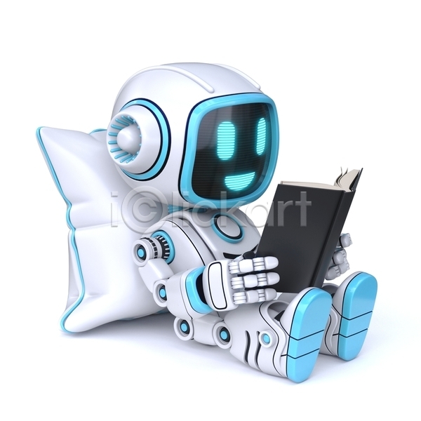 사람없음 3D JPG 일러스트 해외이미지 AI(인공지능) 독서 들기 로봇 앉기 책 캐릭터 쿠션