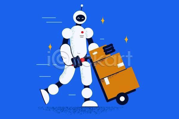 미래 사람없음 EPS 일러스트 해외이미지 AI(인공지능) 로봇 배달원 배송 서비스 수레끌기 짐수레 파란색 휴머노이드