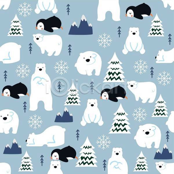 사람없음 EPS 일러스트 해외이미지 눈(날씨) 눈꽃무늬 눈덮임 눈송이 디자인 북극곰 설산 여러마리 침엽수 패턴 패턴백그라운드 펭귄 하늘색 흰색