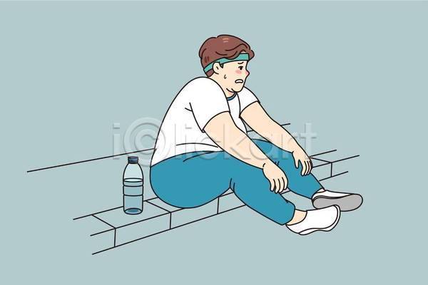 피곤 휴식 남자 성인 성인남자한명만 한명 EPS 일러스트 해외이미지 건강 노력 다이어트 땀 땀흘리기 물병 비만 앉기 야외 연습 운동 전신 컨셉 힘듦