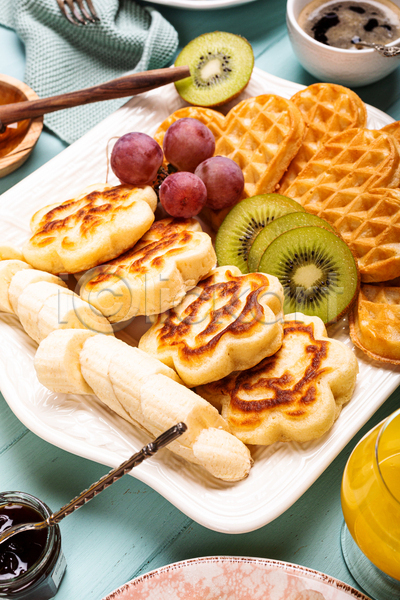 사람없음 JPG 포토 해외이미지 바나나 아침식사 와플 음식 키위 팬케이크 포도
