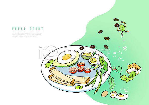 신선 사람없음 PSD 일러스트 계란 샐러드 서양음식 올리브 음식 재료 채소 초록색 캐릭터