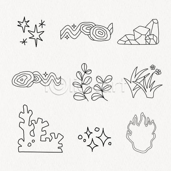 사람없음 EPS 일러스트 해외이미지 그래픽 돌 디자인 라인아트 반짝임 불 불꽃(불) 산호 세트 손그림 스티커 암초 잎 자연 풀기
