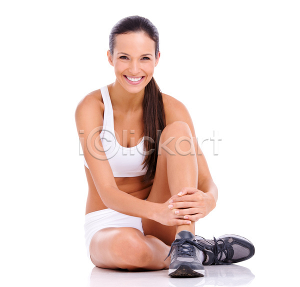 성인 성인여자한명만 여자 한명 JPG 앞모습 포토 해외이미지 실내 앉기 요가복 전신 흰배경