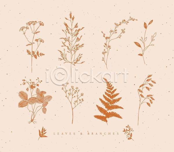 사람없음 EPS 일러스트 해외이미지 그림 꽃 꽃무늬 나뭇가지 디자인 미술 세트 식물 엘리먼트 잎 주황색