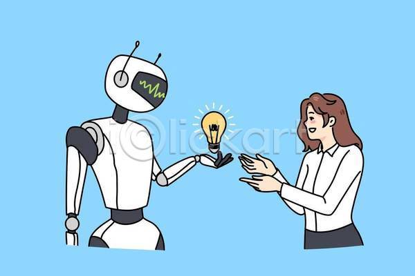 성인 성인여자한명만 여자 한명 EPS 일러스트 해외이미지 AI(인공지능) 기술 로봇 비즈니스 비즈니스우먼 상반신 손들기 안드로이드 전구 휴머노이드