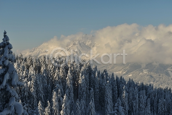 사람없음 JPG 포토 해외이미지 겨울 겨울풍경 경관 구름(자연) 나무 설산 야외 주간 하늘