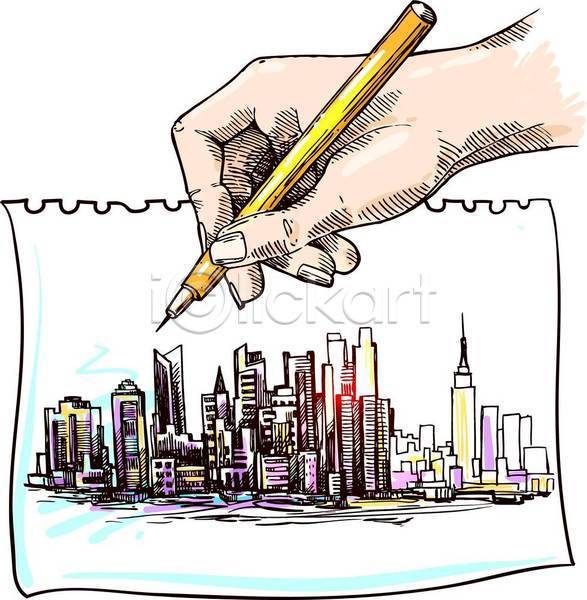 신체부위 EPS 일러스트 해외이미지 건물 고층빌딩 그림 맨해튼 손 스케치
