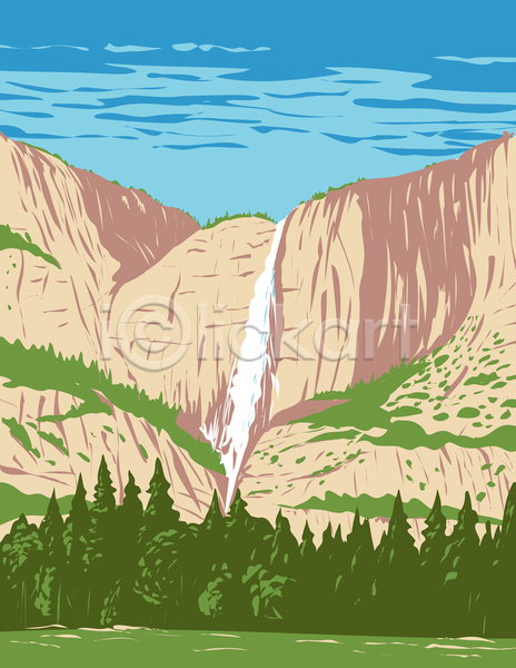 사람없음 JPG 포토 해외이미지 그림 산 요세미티국립공원 자연 카툰스타일 캘리포니아 폭포 풍경(경치)