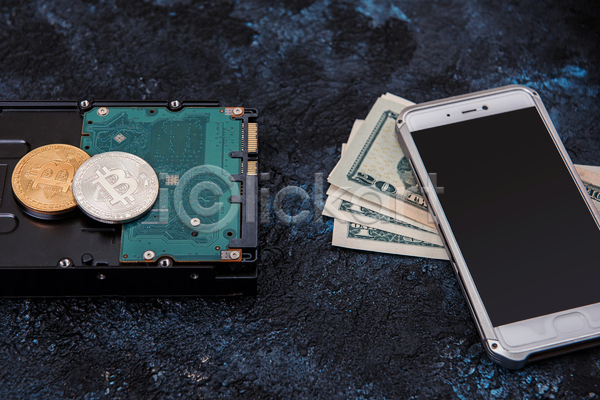사람없음 JPG 포토 해외이미지 가상화폐 동전 스마트폰 지폐 하드디스크