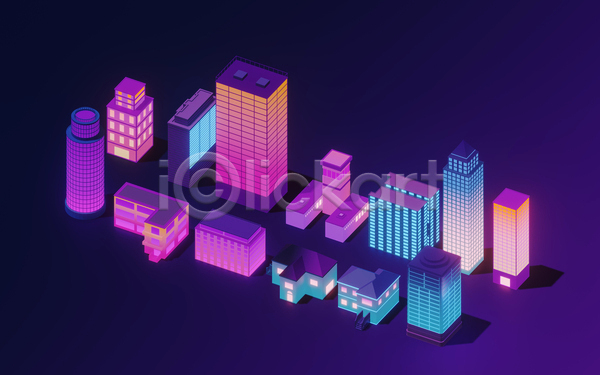 사람없음 3D EPS 일러스트 해외이미지 건물 고층빌딩 그라데이션 네온 도시 미니어처 보라색 빛 스카이라인 주택 파란색