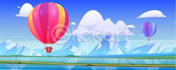 사람없음 EPS 일러스트 해외이미지 구름(자연) 백그라운드 설산 열기구 풀(식물) 풍경(경치) 호수
