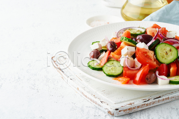 사람없음 JPG 포토 해외이미지 건강식 샐러드 접시 페타치즈 흰배경