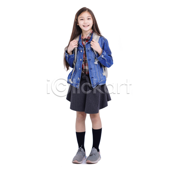 스마트 행복 10대 십대여자한명만 여자 한명 JPG 앞모습 포토 해외이미지 가방 미소(표정) 셔츠 전신 청자켓 체크무늬 학생 흰배경
