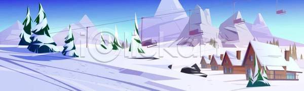사람없음 EPS 일러스트 해외이미지 건물 나무 눈(날씨) 눈덮임 리프트 백그라운드 설산 케이블카 풍경(경치)