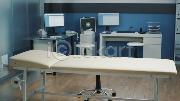 사람없음 JPG 포토 해외이미지 구급상자 모니터 병원 병원침대 비어있는 실내 의료시설 의자 진료실 책상