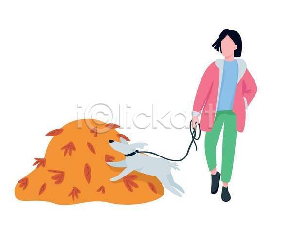 산책 성인 성인여자한명만 여자 한명 EPS 일러스트 해외이미지 가을(계절) 강아지 낙엽 놀이 단풍 들기 목줄 무더기 전신 주머니손 한마리