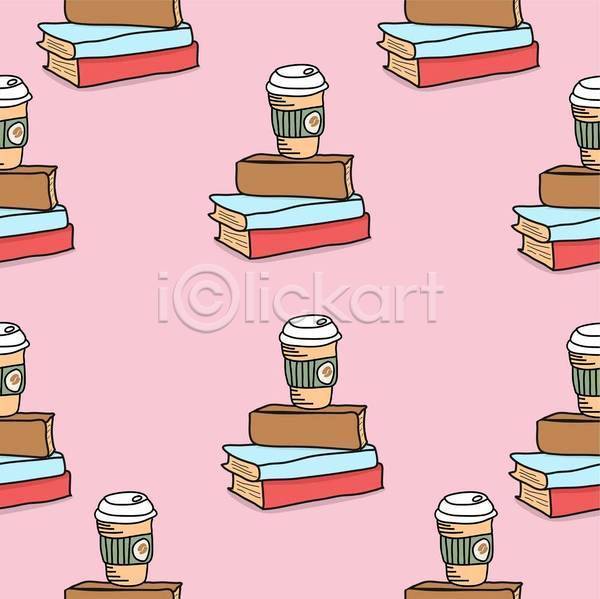 사람없음 EPS 일러스트 해외이미지 디자인 분홍색 쌓기 책 커피 테이크아웃컵 패턴 패턴백그라운드