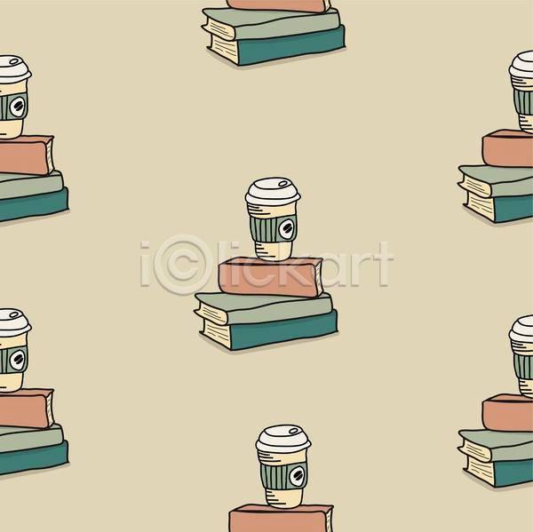 사람없음 EPS 일러스트 해외이미지 디자인 베이지색 쌓기 책 커피 테이크아웃컵 패턴 패턴백그라운드