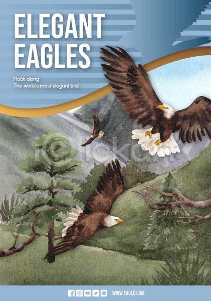 사람없음 EPS 일러스트 해외이미지 나무 나뭇가지 독수리 비행 산 세마리 자연 초록색 파란색 포스터