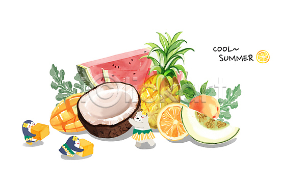 달콤 사람없음 PSD 일러스트 곰 과일조각 동물캐릭터 망고 멜론 복숭아 세마리 수박 수박조각 여름(계절) 여름음식 오렌지 코코넛 파인애플 펭귄