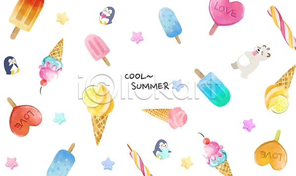 달콤 사람없음 PSD 일러스트 곰 동물캐릭터 라임 막대아이스크림 별 소프트아이스크림 아이스크림 여러마리 여름(계절) 콘아이스크림 패턴 펭귄 하트