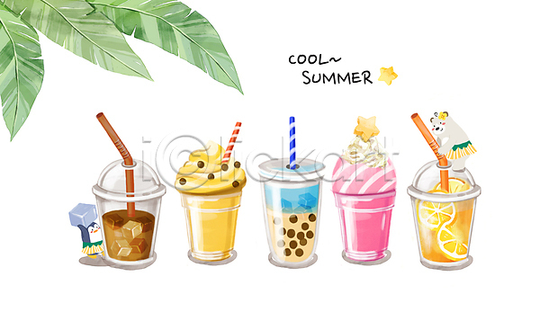 사람없음 PSD 일러스트 곰 과일주스 냉음료 동물캐릭터 두마리 버블티 빨대 아이스아메리카노 얼음 여름(계절) 여름음식 열대잎 오렌지 오렌지주스 커피 펭귄