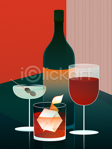 사람없음 AI(파일형식) 일러스트 각얼음 꼬치 네그로니 다양 레드와인 마티니 빨간색 양주잔 올리브 와인 와인병 와인잔 장식 청록색 칵테일 칵테일잔