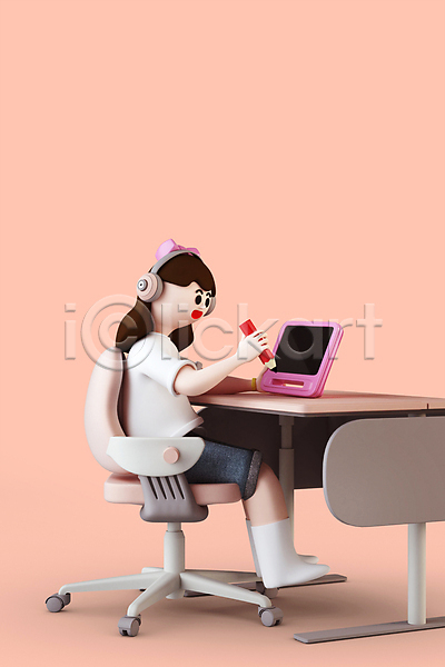 소녀(어린이) 소녀한명만 어린이 여자 한명 3D PSD 디지털합성 편집이미지 3D캐릭터 들기 분홍색 앉기 어린이교육 여학생 연필 온라인강의 월간캐릭터 의자 인터넷학습 전신 제니 책상 태블릿 편집 편집소스 헤드셋