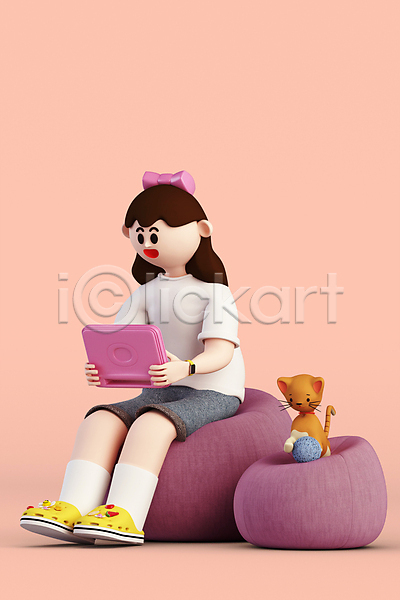소녀(어린이) 소녀한명만 어린이 여자 한명 3D PSD 디지털합성 편집이미지 3D캐릭터 고양이 들기 반려동물 반려묘 빈백 실뭉치 앉기 여학생 온라인강의 월간캐릭터 인터넷학습 전신 제니 태블릿 털실 편집 편집소스 한마리