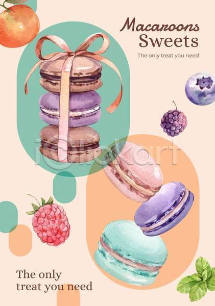 달콤 사람없음 EPS 일러스트 해외이미지 리본 마카롱 분홍색 블랙베리 블루베리 산딸기 수채화(물감) 쌓기 포스터