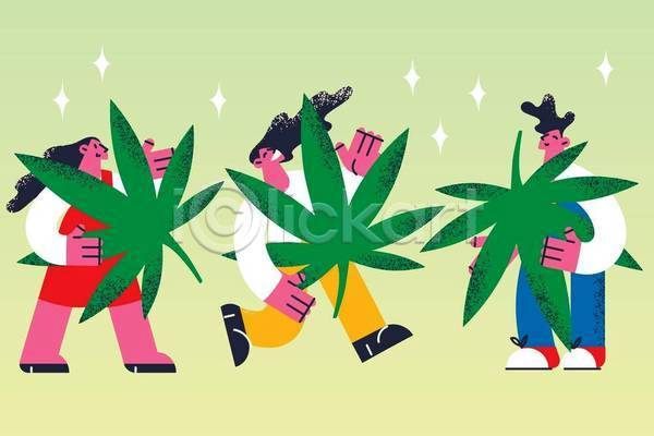 남자 성인 성인만 세명 여자 EPS 일러스트 해외이미지 농업 대마초 들기 디자인 마리화나 잎 전신 초록색 컨셉