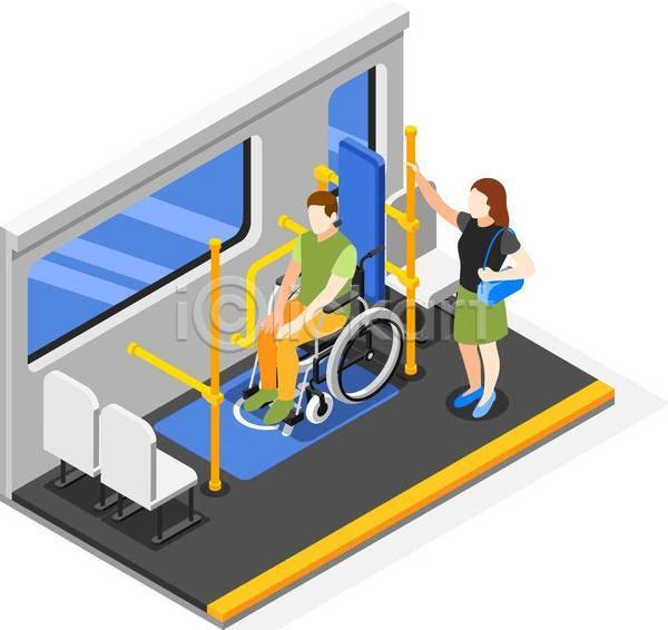 남자 두명 성인 성인만 여자 EPS 일러스트 해외이미지 공간 버스 버스손잡이 서기 아이소메트릭 앉기 의자 일상 잡기 장애인 장애인전용 휠체어
