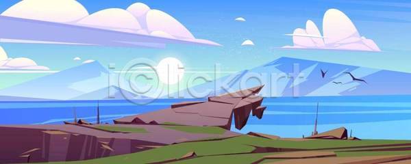 사람없음 EPS 일러스트 해외이미지 구름(자연) 바다 바위 백그라운드 산 섬 여름(계절) 와이드컷 태양 풍경(경치) 하늘 호수